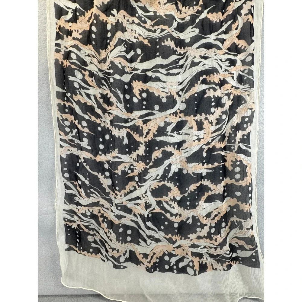 Vintage Salvatore Ferragamo Sheer Chiffon Scarf Stole Black Beige Oak Leaf Italy